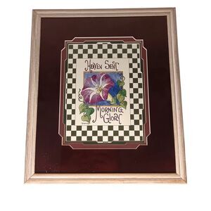 VTG Barbara Mock Morning Glory Print Matted Framed Purple Blue Black White Check